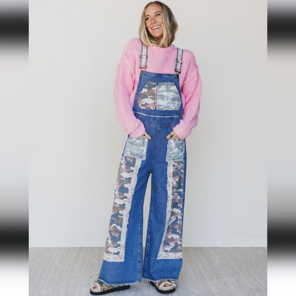 Three Bird Nest Pants - BRAND NEW Three Bird Nest (POL) Blue Denim Jumpsuit with Camouflage Details